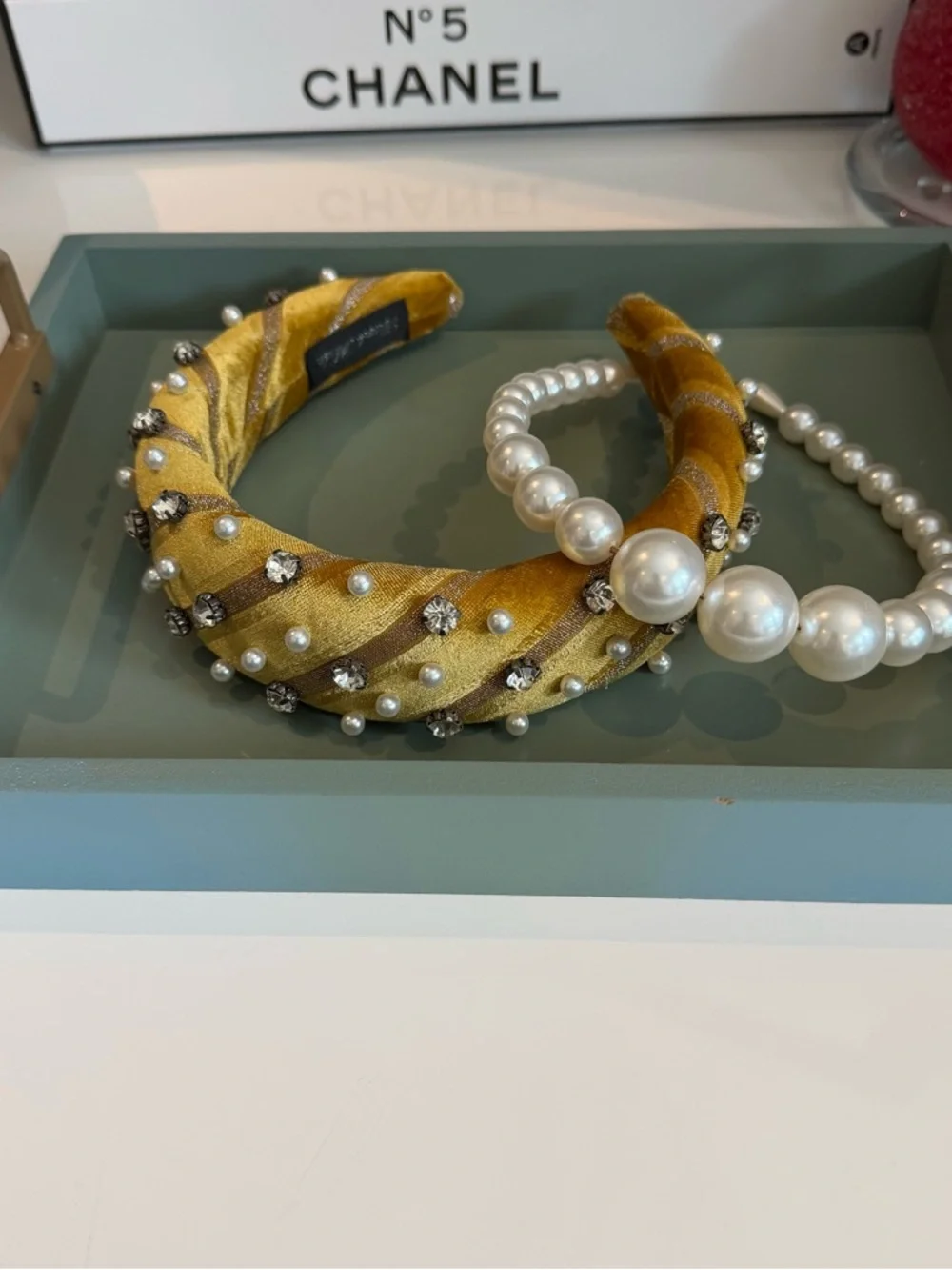 Pearl & Crystal Mustard Yellow Velvet Padded Victorian Headband Set Of Two